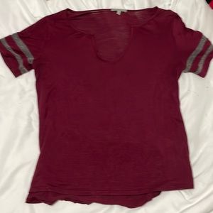 Burgundy and gray T-shirt with a low cut V-neck